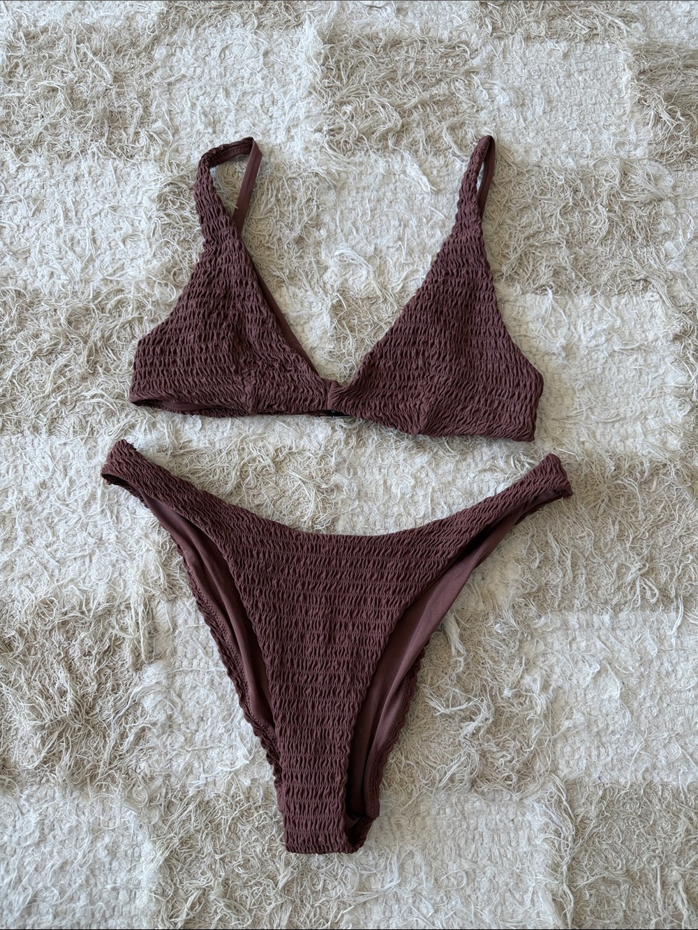 Smocked Triangle Bikini Set in Deep Brown - Women Swim